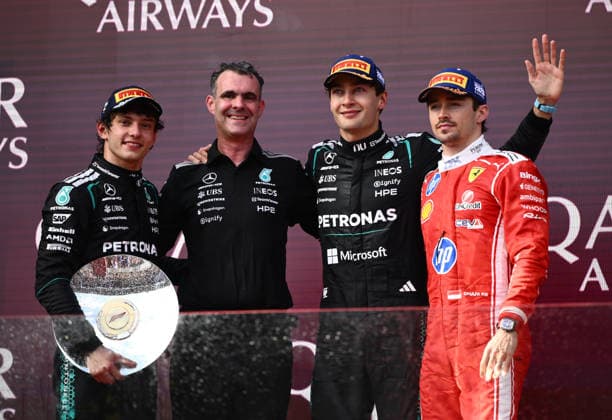 2026 AUSTRALIAN F1 GRAND PRIX, L-R; Mercedes driver Andrea Kimi Antonelli , Hywel Thomas, Managing director of Mercedes AMG High Performance Powertrains , Mercedes driver George Russell (and Ferarri driver Charles Leclerc pose on the podium following the 2026 Australian Grand Prix at Albert Park Circuit in Melbourne, Sunday, March 8, 2026. ( NO ARCHIVING, EDITORIAL USE ONLY MELBOURNE VICTORIA AUSTRALIA  Copyright: xJOELxCARRETTx 20260308134284985457