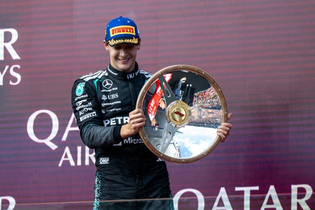 George Russell Mercedes AMG Petronas F1 Team, Great Britain, 63 celebrates victory on the podium at the podium ceremony, AUS, Formula 1 World Championship, Australian Grand Prix, Albert Park Circuit, Melbourne, Race, 2026 season, 08 03 2026 AUS, Formula 1 World Championship, Australian Grand Prix, Albert Park Circuit, Melbourne, Race, 2026 season, 08 03 2026 Melbourne Copyright: xEibner-Pressefoto Memmlerx EP_MMR
