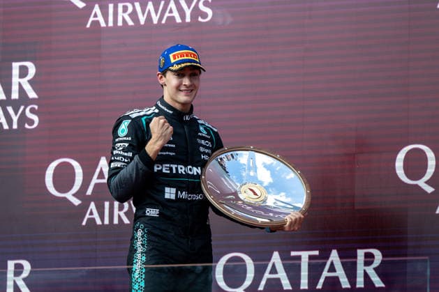 George Russell Mercedes AMG Petronas F1 Team, Great Britain, 63 celebrates victory on the podium at the podium ceremony, AUS, Formula 1 World Championship, Australian Grand Prix, Albert Park Circuit, Melbourne, Race, 2026 season, 08 03 2026 AUS, Formula 1 World Championship, Australian Grand Prix, Albert Park Circuit, Melbourne, Race, 2026 season, 08 03 2026 Melbourne Copyright: xEibner-Pressefoto Memmlerx EP_MMR