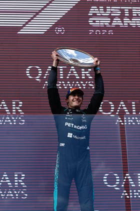 8th March 2026: Melbourne Grand Prix Circuit, Melbourne, Victoria, Australia: Formula One Australian Grand Prix, Race Day; George Russell of the United Kingdom driving the 63 Mercedes AMG F! W17 Mercedes AMG holds the trophy after winning the race  DavidxWoodley Content restricted for UK based newspaper