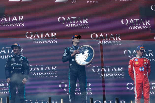 8th March 2026: Melbourne Grand Prix Circuit, Melbourne, Victoria, Australia: Formula One Australian Grand Prix, Race Day; George Russell of the United Kingdom driving the 63 Mercedes AMG F! W17 Mercedes AMG holds the trophy after winning the race  DavidxWoodley Content restricted for UK based newspaper