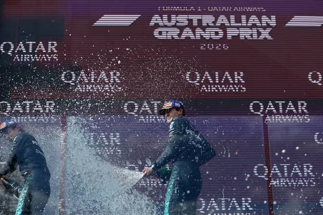 8th March 2026: Melbourne Grand Prix Circuit, Melbourne, Victoria, Australia: Formula One Australian Grand Prix, Race Day; George Russell of the United Kingdom driving the 63 Mercedes AMG F! W17 Mercedes AMG celebrates with champagne after winning the race  DavidxWoodley Content restricted for UK based newspaper