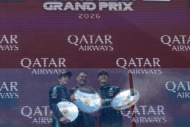8th March 2026: Melbourne Grand Prix Circuit, Melbourne, Victoria, Australia: Formula One Australian Grand Prix, Race Day; George Russell of the United Kingdom driving the 63 Mercedes AMG F! W17 Mercedes AMG and Kimi Antonelli of Italy driving the 12 Mercedes AMG Petronas F1 W17 Mercedes AMG and a Mercedes team member on the podium after taking first and second place in the race  DavidxWoodley Content restricted for UK based newspaper