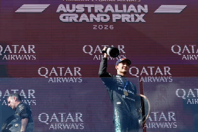 8th March 2026: Melbourne Grand Prix Circuit, Melbourne, Victoria, Australia: Formula One Australian Grand Prix, Race Day; George Russell of the United Kingdom driving the 63 Mercedes AMG F! W17 Mercedes AMG celebrates after winning the race  DavidxWoodley Content restricted for UK based newspaper
