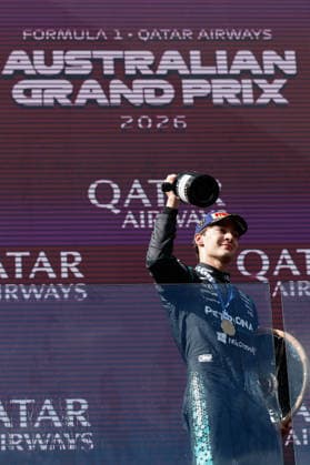 8th March 2026: Melbourne Grand Prix Circuit, Melbourne, Victoria, Australia: Formula One Australian Grand Prix, Race Day; George Russell of the United Kingdom driving the 63 Mercedes AMG F! W17 Mercedes AMG celebrates after winning the race  DavidxWoodley Content restricted for UK based newspaper