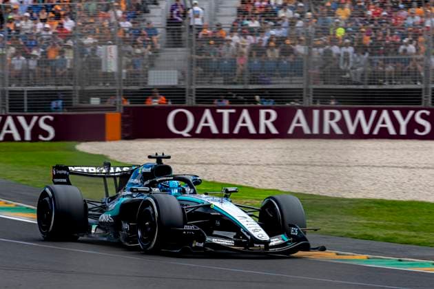 MELBOURNE Formula 1 driver George Russell of Mercedes AMG Petronas Formula One Team during the Formula 1 Melbourne race at Albert Park on March 8, 2025 in Melbourne, Australia Photo by DeFodi Images