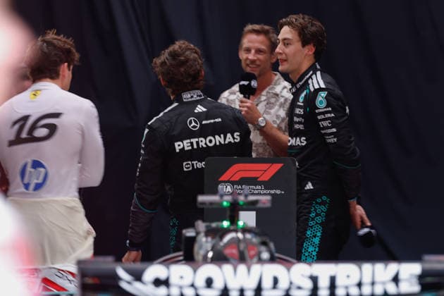 8th March 2026: Melbourne Grand Prix Circuit, Melbourne, Victoria, Australia: Formula One Australian Grand Prix, Race Day; George Russell of the United Kingdom driving the 63 Mercedes AMG F! W17 Mercedes AMG and Kimi Antonelli of Italy driving the 12 Mercedes AMG Petronas F1 W17 Mercedes AMG are interviewed after coming first and second in the race  DavidxWoodley Content restricted for UK based newspaper