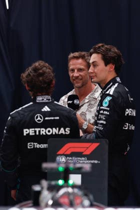 8th March 2026: Melbourne Grand Prix Circuit, Melbourne, Victoria, Australia: Formula One Australian Grand Prix, Race Day; George Russell of the United Kingdom driving the 63 Mercedes AMG F! W17 Mercedes AMG and Kimi Antonelli of Italy driving the 12 Mercedes AMG Petronas F1 W17 Mercedes AMG are interviewed after coming first and second in the race  DavidxWoodley Content restricted for UK based newspaper