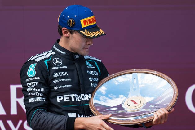 Formula 1 Qatar Airways Australian Grand Prix 2026 Levi Erb OVERTAKE MAXPPP - Melbourne 05 06 2026 63 RUSSELL George (gbr), Mercedes-AMG PETRONAS Formula One Team, portrait podium at the Formula 1 Qatar Airways Australian Grand Prix 2026, the 1st round of the 2026 FIA Formula 1 World Championship, WM, Weltmeisterschaft at the Albert Park Circuit in Melbourne, Australia, from 5 to 8 March 2026 Melbourne Albert Park Circuit Australia  Copyright: xOVERTAKE MAXPPPxLevixErbx OVT202603081875 OVT202603081875
