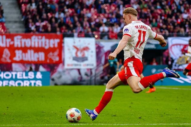 Conrad Harder RB Leipzig, 11 shots, RB Leipzig vs FC Augsburg, Football, 1 Bundesliga, 25 Matchday, Season 2025 2026, 07 03 2026,¨ DFL REGULATIONS PROHIBIT ANY USE OF PHOTOGRAPHS AS IMAGE SEQUENCES AND OR QUASI VIDEO,¨ RB Leipzig vs FC Augsburg, Football, 1 Bundesliga, 25 Matchday, Season 2025 2026, 07 03 2026 Leipzig Copyright: xEibner-Pressefoto LauraxRoemerx EP_LRR