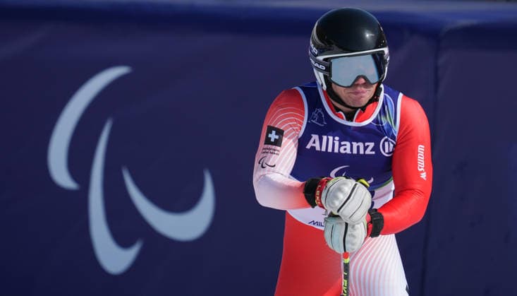 (260308) -- CORTINA D AMPEZZO, March 8, 2026 -- Robin Cuche of Switzerland reacts during the para alpine skiing men s downhill standing match at the Milan-Cortina 2026 Paralympic Winter games, Winterspiele,Spiele, Summer games in Cortina D ampezzo, Italy, March 7, 2026. ) (SP)ITALY-CORTINA D AMPEZZO-PARALYMPIC WINTER GAMES-PARA ALPINE SKIING-MEN S DOWNHILL-STANDING WangxKaiyan 