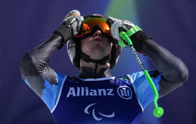 (260308) -- CORTINA D AMPEZZO, March 8, 2026 -- Aleksei Bugaev of Russia reacts during the para alpine skiing men s downhill standing match at the Milan-Cortina 2026 Paralympic Winter games, Winterspiele,Spiele, Summer games in Cortina D ampezzo, Italy, March 7, 2026. ) (SP)ITALY-CORTINA D AMPEZZO-PARALYMPIC WINTER GAMES-PARA ALPINE SKIING-MEN S DOWNHILL-STANDING WangxKaiyan 
