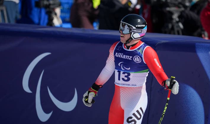 (260308) -- CORTINA D AMPEZZO, March 8, 2026 -- Robin Cuche of Switzerland reacts during the para alpine skiing men s downhill standing match at the Milan-Cortina 2026 Paralympic Winter games, Winterspiele,Spiele, Summer games in Cortina D ampezzo, Italy, March 7, 2026. ) (SP)ITALY-CORTINA D AMPEZZO-PARALYMPIC WINTER GAMES-PARA ALPINE SKIING-MEN S DOWNHILL-STANDING WangxKaiyan 