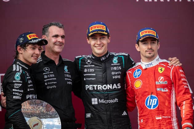 Podium Formula One Australian Grand Prix Melbourne EB RUSSELL George (gbr), Mercedes AMG F1 Team W17, KIMI ANTONELLI Andrea (ita), Mercedes AMG F1 Team W16, LECLERC Charles (mco), Scuderia Ferrari SF-26 on the podium of the Formula One Australian Grand Prix at Albert Park in Melbourne on March 8, 2026. Photo by Eliot Blondet ABACAPRESS.COM Melbourne Australia Australia  Copyright: xBlondetxEliot ABACAx