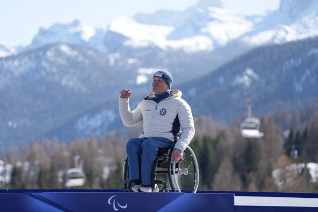 (260308) -- CORTINA D AMPEZZO, March 8, 2026 -- Gold medalist Jesper Pedersen of Norway reacts during the awarding ceremony for the para alpine skiing men s downhill sitting match at the Milan-Cortina 2026 Paralympic Winter games, Winterspiele,Spiele, Summer games in Cortina D ampezzo, Italy, March 7, 2026. ) (SP)ITALY-CORTINA D AMPEZZO-PARALYMPIC WINTER GAMES-PARA ALPINE SKIING-MEN S DOWNHILL-SITTING WangxKaiyan 