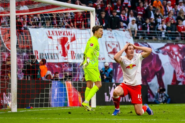 Conrad Harder RB Leipzig, 11 stunned after not scoring, Finn Dahmen FC Augsburg, 01 , RB Leipzig vs FC Augsburg, Football, 1 Bundesliga, Matchday 25, Season 2025 2026, 07 03 2026,¨ DFL REGULATIONS PROHIBIT ANY USE OF PHOTOGRAPHS AS IMAGE SEQUENCES AND OR QUASI VIDEO,¨ R¨B Leipzig vs FC Augsburg, Football, 1 Bundesliga, Matchday 25, Season 2025 2026, 07 03 2026 Leipzig Copyright: xEibner-Pressefoto LauraxRoemerx EP_LRR