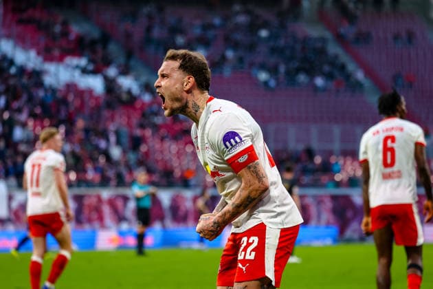 David Raum RB Leipzig, 22 Jubel, Torjubel, jubiliert ueber Tor zum 2 1, RB Leipzig vs FC Augsburg, Fußball, 1 Bundesliga, 25 Spieltag, Saison 2025 2026, 07 03 2026,¨ DFL REGULATIONS PROHIBIT ANY USE OF PHOTOGRAPHS AS IMAGE SEQUENCES AND OR QUASI VIDEO,¨ R¨B Leipzig vs FC Augsburg, Fußball, 1 Bundesliga, 25 Spieltag, Saison 2025 2026, 07 03 2026 Leipzig Copyright: xEibner-Pressefoto LauraxRoemerx EP_LRR