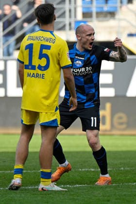 Paderborn, Home Deluxe Arena, 07 03 26, GER, Herren, 2 Bundesliga, Saison 2025 2026, SC Paderborn 07 Eintracht Braunschweig Bild Sven MICHEL Paderborn jubilates after his goal for 1 1 DFL regulations prohibit any use of photographs as image sequences and or quasi video NRW Germany