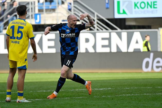 Paderborn, Home Deluxe Arena, 07 03 26, GER, Herren, 2 Bundesliga, Saison 2025 2026, SC Paderborn 07 Eintracht Braunschweig Bild Sven MICHEL Paderborn jubilates after his goal for 1 1 DFL regulations prohibit any use of photographs as image sequences and or quasi video NRW Germany