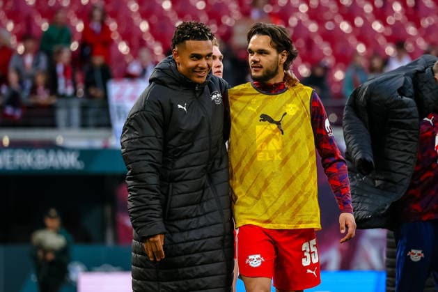 Antonio Nusa RB Leipzig, 07 and Max Finkgraefe RB Leipzig, 35 Cheering joy after the victory, RB Leipzig vs FC Augsburg, Football, 1 Bundesliga, 25 Matchday, Season 2025 2026, 07 03 2026,¨ DFL REGULATIONS PROHIBIT ANY USE OF PHOTOGRAPHS AS IMAGE SEQUENCES AND OR QUASI VIDEO,¨ R¨B Leipzig vs FC Augsburg, Football, 1 Bundesliga, 25 Matchday, Season 2025 2026, 07 03 2026 Leipzig Copyright: xEibner-Pressefoto LauraxRoemerx EP_LRR