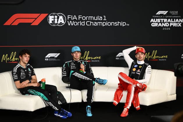 2026 AUSTRALIAN F1 GRAND PRIX, (L-R) Kimi Antonelli of Mercedes, George Russell of Mercedes and Fernando Alonso of Aston Martin during the drivers press conference, PK, Pressekonferenz following the 2026 Australian Grand Prix at Albert Park Circuit in Melbourne, Sunday, March 8, 2026. ( NO ARCHIVING, EDITORIAL USE ONLY MELBOURNE VICTORIA AUSTRALIA  Copyright: xJOELxCARRETTx 20260308143463357710