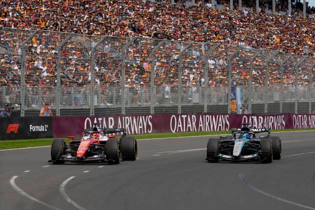 Formula 1 Qatar Airways Australian Grand Prix 2026 Maxime Le Juste OVERTAKE MAXPPP - Melbourne 08 03 2026 16 LECLERC Charles (mon), Scuderia Ferrari HP, 63 RUSSELL George (gbr), Mercedes-AMG PETRONAS Formula One Team, action at the Formula 1 Qatar Airways Australian Grand Prix 2026, the 1st round of the 2026 FIA Formula 1 World Championship, WM, Weltmeisterschaft at the Albert Park Circuit in Melbourne, Australia, from 5 to 8 March 2026 Melbourne Albert Park Circuit Australia  Copyright: xOVERTAKE MAXPPPxMaximexLexJustex OVT202603082063 OVT202603082063