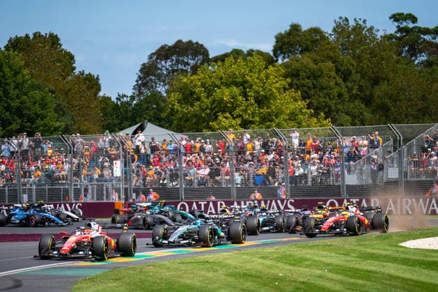March 8, 2026, Melbourne, Victoria, Australia: (44) LEWIS HAMILTON - (GBR) - Scuderia Ferrari HP - Ferrari SF-26 runs wide onto the dirt at turn 1 as the race starts on Sunday at the Formula 1 Qatar Airways Australian Grand Prix 2026. Melbourne Australia - ZUMAf186 20260308_zsp_f186_054 Copyright: xJamesxForresterx
