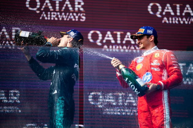 March 8, 2026, Melbourne, Victoria, Australia: (16) CHARLES LECLERC - (MON) - Scuderia Ferrari HP - Ferrari SF-26 sprays Moet champagne down the back of race winner GEORGE RUSSELL on the podium on Sunday at the Formula 1 Qatar Airways Australian Grand Prix 2026. Melbourne Australia - ZUMAf186 20260308_zsp_f186_079 Copyright: xJamesxForresterx
