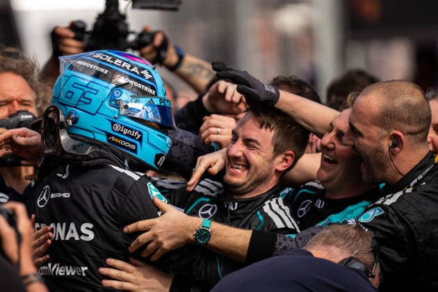 March 8, 2026, Melbourne, Victoria, Australia: GEORGE RUSSELL - (GBR) - Mercedes-AMG PETRONAS Formula One Team celebrates with his team after winning the race on Sunday at the Formula 1 Qatar Airways Australian Grand Prix 2026. Melbourne Australia - ZUMAf186 20260308_zsp_f186_107 Copyright: xJamesxForresterx