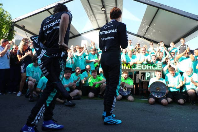 FORMULA 1 QATAR AIRWAYS AUSTRALIAN GRAND PRIX 2026 08 03 2026, Albert Park Circuit, Melbourne, FORMULA 1 QATAR AIRWAYS AUSTRALIAN GRAND PRIX 2026 ,in the picture Mercedes celebrates the double victory in Melbourne , winner George Russell GBR , Mercedes AMG Petronas Formula One Team, 2nd place for Andrea Kimi Antonelli ITA , Mercedes AMG Petronas Formula One Team nordphotoxGmbHx xBratic nph00250