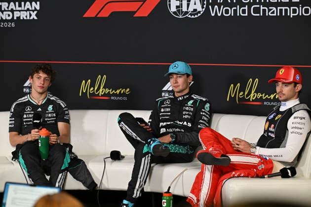 Qatar Airways Formula 1 Australian Grand Prix on the 8th March 2026 at the Albert Park Circuit, Melbourne, Australia. Andea Kimi Antonelli (Italy) of Mercedes AMG Petronas F1 Team, George Russell (Great Britain) of Mercedes-AMG Petronas F1 Team, Charles Leclerc (Monaco) of Scuderia Ferrari during the post race press conference, PK, Pressekonferenz The Qatar Airways Formula 1 Australian Grand Prix on the 8th March 2026 at the Albert Park Circuit, Melbourne, Australia. (Photo by Mark Avellino Sportpix Sipa USA) Melbourne Albert Park Victoria Australia Copyright: xMARKxAVELLINOx