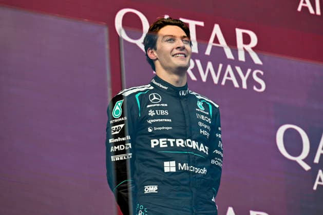 Qatar Airways Formula 1 Australian Grand Prix on the 8th March 2026 at the Albert Park Circuit, Melbourne, Australia. George Russell (Great Britain) of Mercedes-AMG Petronas F1 Team during presentations at the end of the race The Qatar Airways Formula 1 Australian Grand Prix on the 8th March 2026 at the Albert Park Circuit, Melbourne, Australia. (Photo by Mark Avellino Sportpix Sipa USA) Melbourne Albert Park Victoria Australia Copyright: xMARKxAVELLINOx
