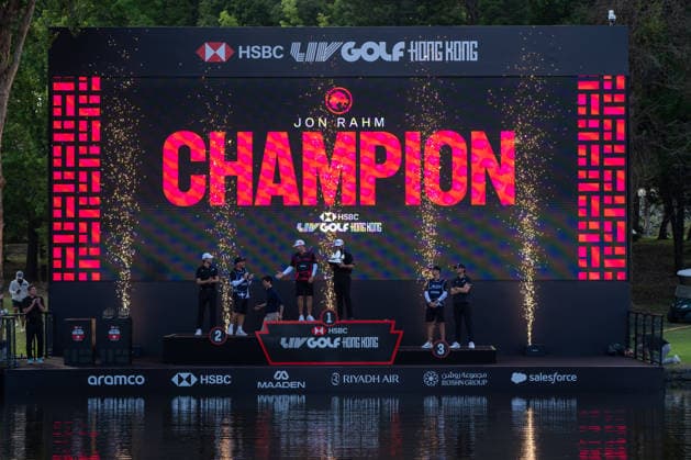 HONGKONG LIV-GOLF The individual champions on stage to celebrate their win in Fanling Golf Course where LIV Golf Hong Kong is being held in Hong Kong, March 8, 2026. NEXPHER Vernon Yuen HONG KONG