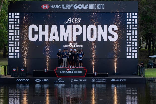 HONGKONG LIV-GOLF 4Aces GC on stage celebrating their win in Fanling Golf Course where LIV Golf Hong Kong is being held in Hong Kong, March 8, 2026. NEXPHER Vernon Yuen HONG KONG