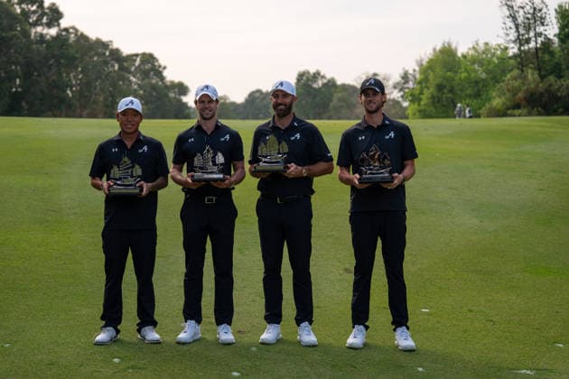 HONGKONG LIV-GOLF 4Aces GC on stage holding their trophy posing for a photo in Fanling Golf Course where LIV Golf Hong Kong is being held in Hong Kong, March 8, 2026. NEXPHER Vernon Yuen HONG KONG