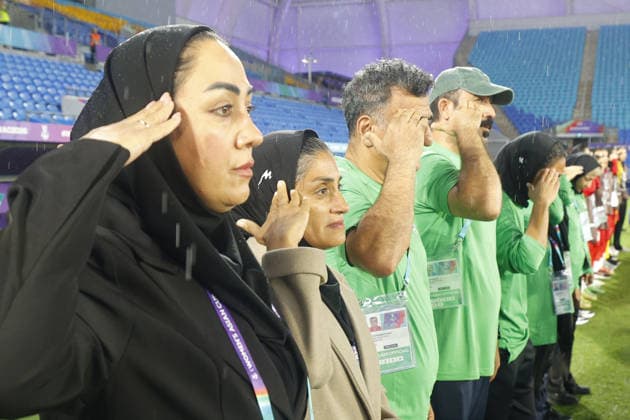 GOLD COAST, AUSTRALIA - MARCH 08 Marziyeh Jafari (IR Iran Head Coach - 2nd from left) is seen saluting the national anthem before the Womens Asian Cup match between Islamic Republic of Iran and Philippines at the Gold Coast Stadium on March 08 2026 in Gold Coast, Australia Copyright: xMatthewxStarlingx xSPPx Sportspressphoto_SPR104777