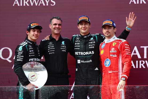 FORMULA 1 QATAR AIRWAYS AUSTRALIAN GRAND PRIX 2026 08 03 2026, Albert Park Circuit, Melbourne, FORMULA 1 QATAR AIRWAYS AUSTRALIAN GRAND PRIX 2026 ,in the picture winner George Russell GBR , Mercedes AMG Petronas Formula One Team, 2nd place for Andrea Kimi Antonelli ITA , 3rd place for Charles Leclerc MCO , Scuderia Ferrari HP nordphotoxGmbHx xBratic nph00250