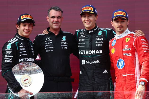 FORMULA 1 QATAR AIRWAYS AUSTRALIAN GRAND PRIX 2026 08 03 2026, Albert Park Circuit, Melbourne, FORMULA 1 QATAR AIRWAYS AUSTRALIAN GRAND PRIX 2026 ,in the picture winner George Russell GBR , Mercedes AMG Petronas Formula One Team, 2nd place for Andrea Kimi Antonelli ITA , 3rd place for Charles Leclerc MCO , Scuderia Ferrari HP nordphotoxGmbHx xBratic nph00250