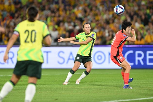 SOCCER ASIAN CUP AUSTRALIA SOUTH KOREA, Caitlin Foord of Australia takes a shot at goal during the AFC Women™s Asian Cup Group A match between Australia and South Korea at Accor Stadium in Sydney, Sunday, March 8, 2026. ( NO ARCHIVING, EDITORIAL USE ONLY SYDNEY NEW SOUTH WALES AUSTRALIA  Copyright: xDEANxLEWINSx 20260308156604189770