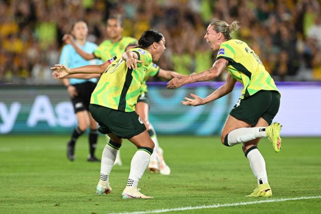 SOCCER ASIAN CUP AUSTRALIA SOUTH KOREA, Alanna Kennedy of Australia celebrates scoring the eqaliser goal with Samantha Kerr of Australia during the AFC Women™s Asian Cup Group A match between Australia and South Korea at Accor Stadium in Sydney, Sunday, March 8, 2026. ( NO ARCHIVING, EDITORIAL USE ONLY SYDNEY NEW SOUTH WALES AUSTRALIA  Copyright: xDEANxLEWINSx 20260308123162271999