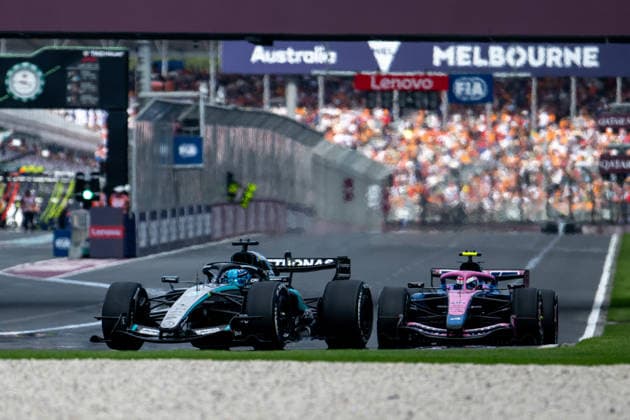 George Russell Mercedes AMG Petronas F1 Team, Great Britain, 63 in F1 W17, Franco Colapinto BWT Alpine F1 Team, Argentina, 43 in Alpine A526, AUS, Formula 1 World Championship, Australian Grand Prix, Albert Park Circuit, Melbourne, Race, 2026 season, 08 03 2026 AUS, Formula 1 World Championship, Australian Grand Prix, Albert Park Circuit, Melbourne, Race, 2026 season, 08 03 2026 Melbourne Copyright: xEibner-Pressefoto Memmlerx EP_MMR