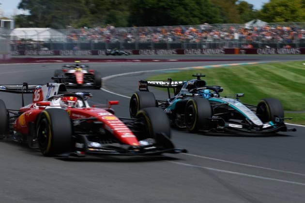 8th March 2026: Melbourne Grand Prix Circuit, Melbourne, Victoria, Australia: Formula One Australian Grand Prix, Race Day; George Russell of the United Kingdom driving the 63 Mercedes AMG F1 W17 Mercedes AMG is passed by Charles Leclerc of Monaco driving the 16 Scuderia Ferrari SF 26 Ferrari on turn 2  DavidxWoodley Content restricted for UK based newspaper