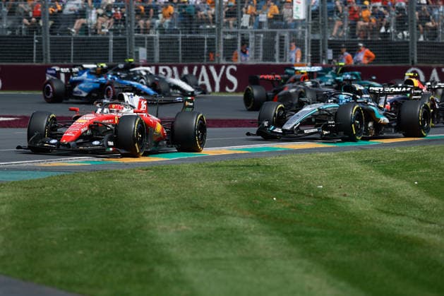 8th March 2026: Melbourne Grand Prix Circuit, Melbourne, Victoria, Australia: Formula One Australian Grand Prix, Race Day; Charles Leclerc of Monaco driving the 16 Scuderia Ferrari SF 26 Ferrari leads the field from George Russell of the United Kingdom driving the 63 Mercedes AMG F1 W17 Mercedes AMG  DavidxWoodley Content restricted for UK based newspaper