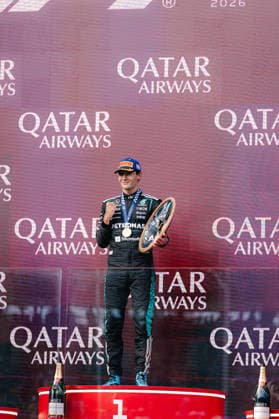 F1 Australian Grand Prix - Podium GEORGE RUSSELL (GBR) of Mercedes-AMG PETRONAS Formula One Team 63 on the podium on Sunday during the 2026 Formula 1 Qatar Airways Australian Grand Prix at the Albert Park Circuit, Melbourne, Australia on March 8, 2026. Photo by Antoine Lapeyre ABACAPRESS.COM Melbourne Australia  Copyright: xLapeyrexAntoine ABACAx