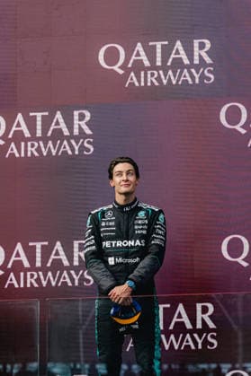 F1 Australian Grand Prix - Podium GEORGE RUSSELL (GBR) of Mercedes-AMG PETRONAS Formula One Team 63 podium on Sunday during the 2026 Formula 1 Qatar Airways Australian Grand Prix at the Albert Park Circuit, Melbourne, Australia on March 8, 2026. Photo by Antoine Lapeyre ABACAPRESS.COM Melbourne Australia  Copyright: xLapeyrexAntoine ABACAx