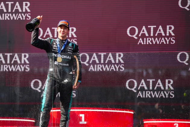 F1 Australian Grand Prix - Podium GEORGE RUSSELL (GBR) of Mercedes-AMG PETRONAS Formula One Team 63 after winning on Sunday during the 2026 Formula 1 Qatar Airways Australian Grand Prix at the Albert Park Circuit, Melbourne, Australia on March 8, 2026. Photo by Antoine Lapeyre ABACAPRESS.COM Melbourne Australia  Copyright: xLapeyrexAntoine ABACAx