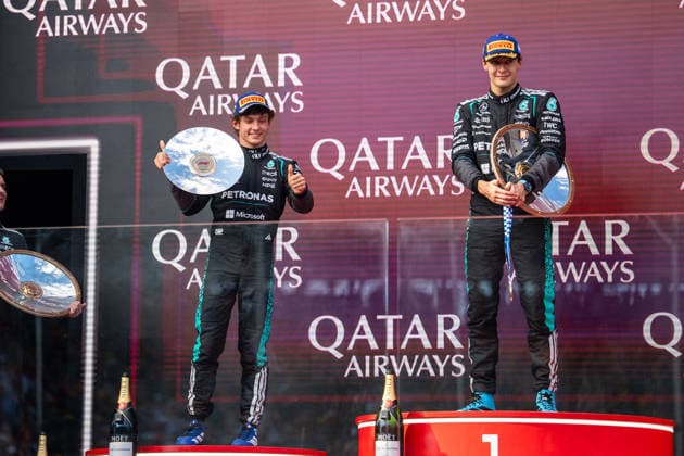 F1 Australian Grand Prix - Podium GEORGE RUSSELL (GBR) of Mercedes-AMG PETRONAS Formula One Team 63 ANDREA KIMI ANTONELLI (ITA) of Mercedes-AMG PETRONAS Formula One Team 12 on the podium on Sunday during the 2026 Formula 1 Qatar Airways Australian Grand Prix at the Albert Park Circuit, Melbourne, Australia on March 8, 2026. Photo by Antoine Lapeyre ABACAPRESS.COM Melbourne Australia  Copyright: xLapeyrexAntoine ABACAx