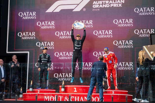 F1 Australian Grand Prix - Podium GEORGE RUSSELL (GBR) of Mercedes-AMG PETRONAS Formula One Team 63 ANDREA KIMI ANTONELLI (ITA) of Mercedes-AMG PETRONAS Formula One Team 12 and CHARLES LECLERC (MON) of Scuderia Ferrari HP 16 on the podium on Sunday during the 2026 Formula 1 Qatar Airways Australian Grand Prix at the Albert Park Circuit, Melbourne, Australia on March 8, 2026. Photo by Antoine Lapeyre ABACAPRESS.COM Melbourne Australia  Copyright: xLapeyrexAntoine ABACAx