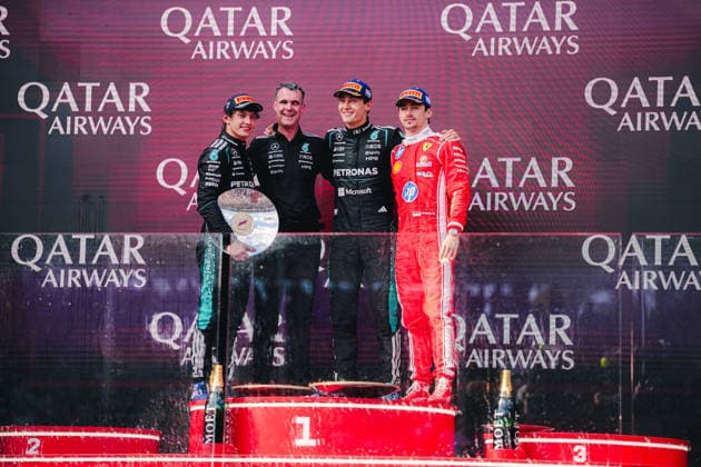 F1 Australian Grand Prix - Podium GEORGE RUSSELL (GBR) of Mercedes-AMG PETRONAS Formula One Team 63 ANDREA KIMI ANTONELLI (ITA) of Mercedes-AMG PETRONAS Formula One Team 12 and CHARLES LECLERC (MON) of Scuderia Ferrari HP 16 on the podium on Sunday during the 2026 Formula 1 Qatar Airways Australian Grand Prix at the Albert Park Circuit, Melbourne, Australia on March 8, 2026. Photo by Antoine Lapeyre ABACAPRESS.COM Melbourne Australia  Copyright: xLapeyrexAntoine ABACAx