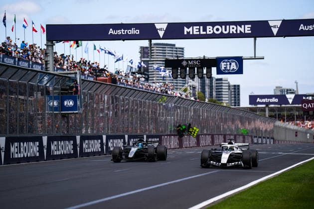 (63) George Russell (GBR) - Mercedes-AMG PETRONAS F1 Team - Mercedes W17 - Mercedes E Performance and (11) Sergio Perez (MEX) - Cadillac Formula 1 Team - Cadillac - Ferrari during the Race of Formula 1 Qatar Airways Australian Grand Prix 2026 at Albert Park Circuit in Melbourne, Australia. Round 1 of the 2026 FIA Formula One World Championship, WM, Weltmeisterschaft held March 6-8, 2026. The Albert Park street circuit hosts the season opener for the 40th time in its F1 history. Formula 1 Qatar Airways Australian Grand Prix 2026 - Round 1 - Albert Park Circuit F1-2026-R01-AUS
